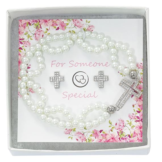 CHILD'S DOUBLE PEARL CROSS BRACELET AND EARRINGS SET